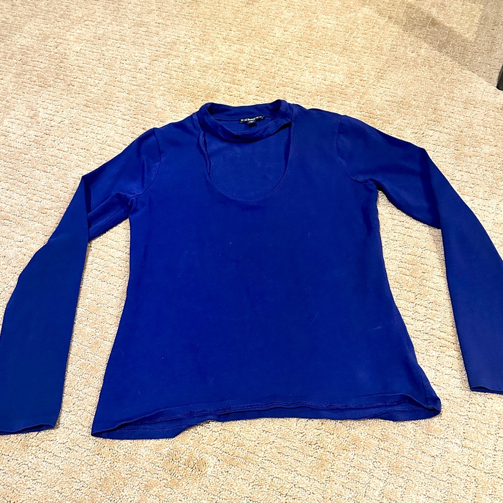 ❤️ EXPRESS M Blue Long Sleeve Top, Fitted, Choker Neckline
